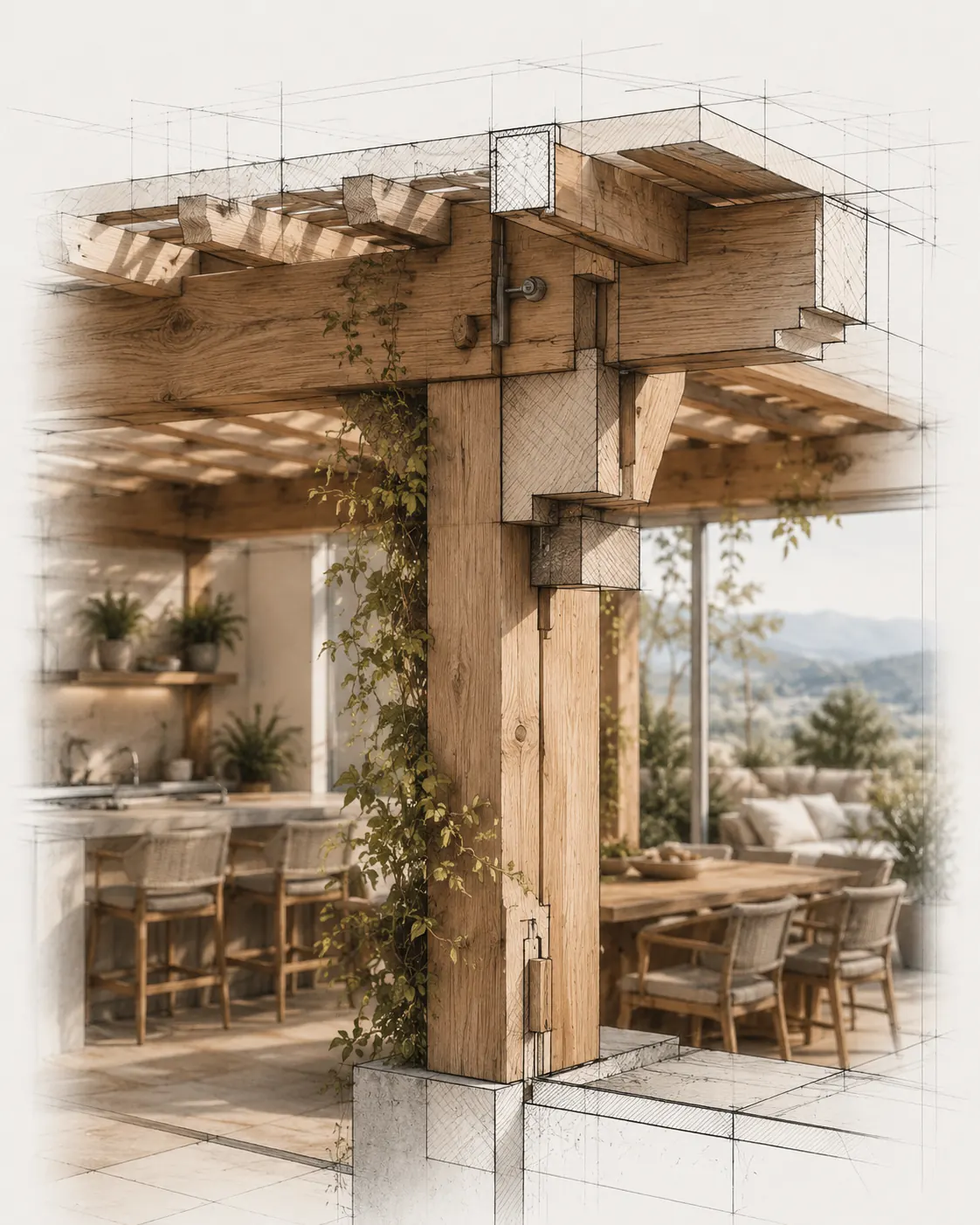 Architectural blueprint render of a covered outdoor patio and pergola in San Dimas