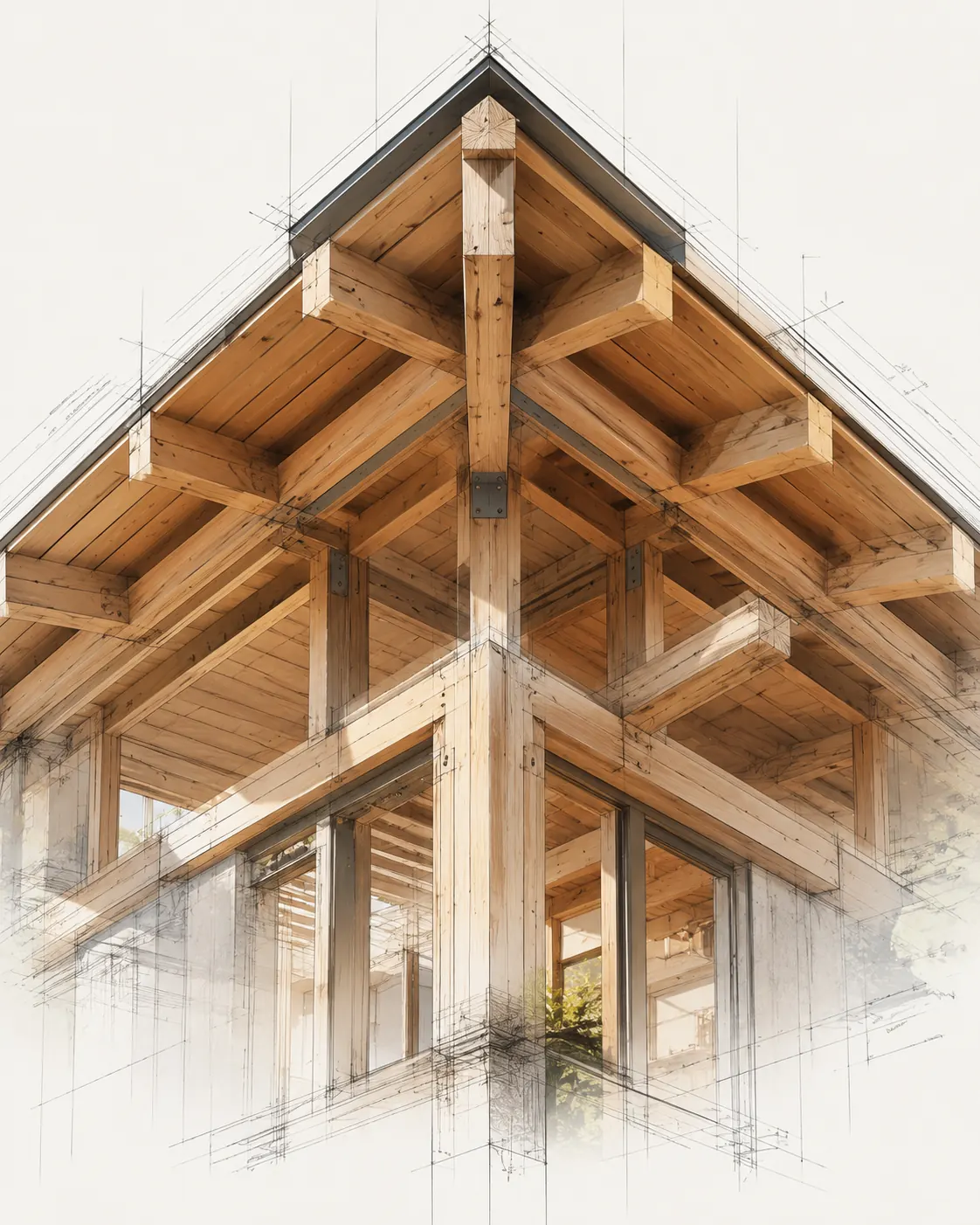 Architectural blueprint render of roof framing and exterior detail in San Dimas