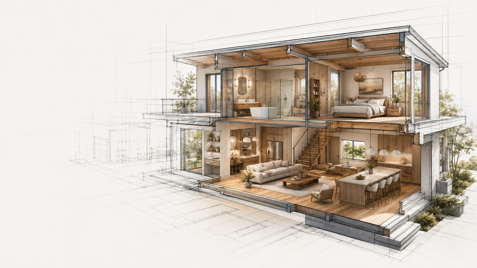 Architectural blueprint render of a whole-home remodel in San Dimas