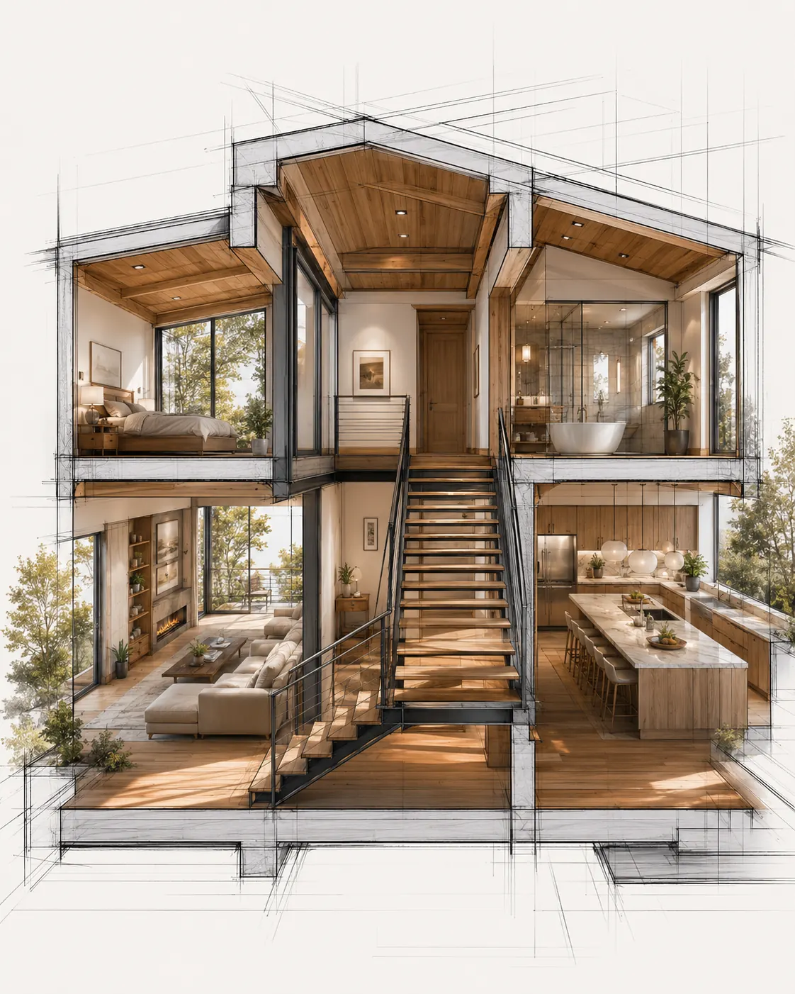 Architectural cutaway render of a whole-home remodel in San Dimas
